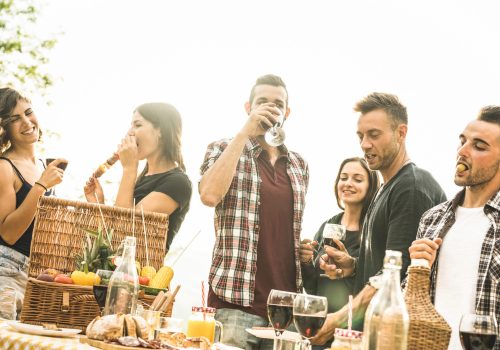 Young friends having fun outdoors drinking red wine and talking at barbecue party - Happy people eating local food at country side restaurant - Youth friendship concept on bright backlight filter